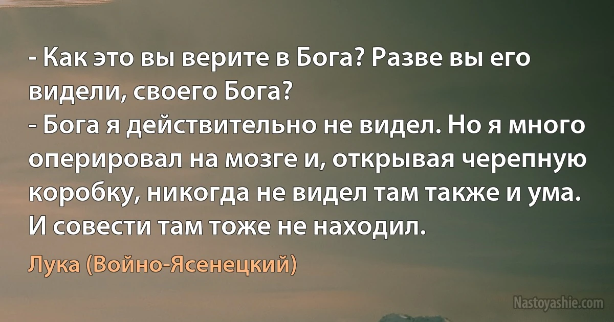 - Как это вы верите в Бога? Разве вы его видели, своего Бога?
- Бога я действительно не видел. Но я много оперировал на мозге и, открывая черепную коробку, никогда не видел там также и ума. И совести там тоже не находил. (Лука (Войно-Ясенецкий))