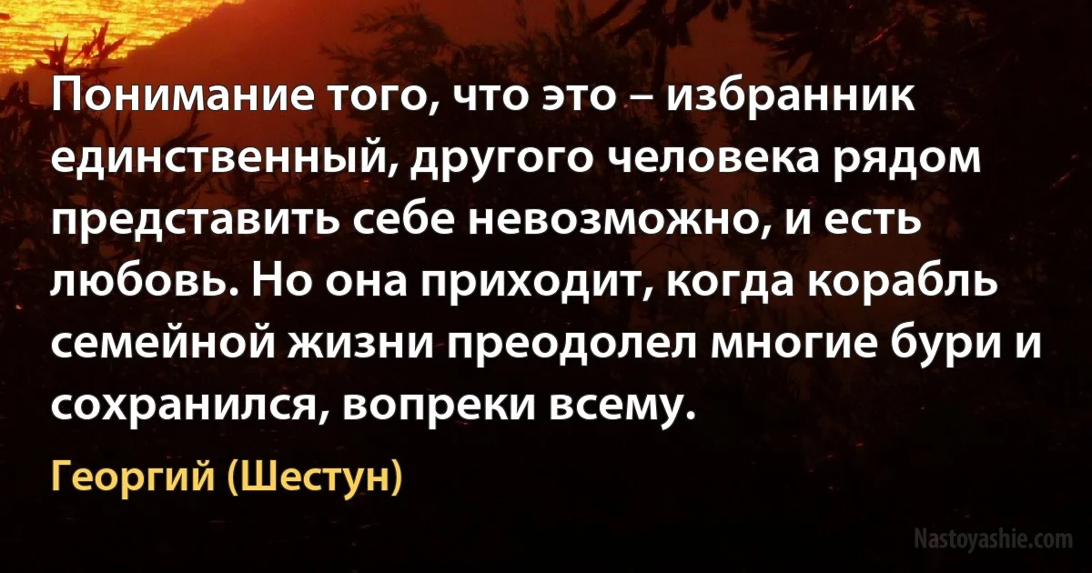 Понимание того, что это – избранник единственный, другого человека рядом представить себе невозможно, и есть любовь. Но она приходит, когда корабль семейной жизни преодолел многие бури и сохранился, вопреки всему. (Георгий (Шестун))