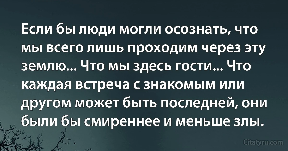 Если бы люди могли осознать, что мы всего лишь проходим через эту землю... Что мы здесь гости... Что каждая встреча с знакомым или другом может быть последней, они были бы смиреннее и меньше злы. (INZ RU)