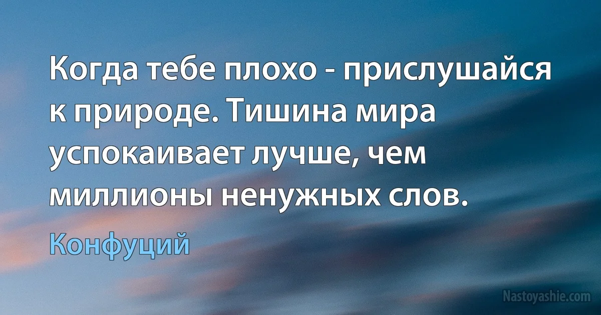 Когда тебе плохо - прислушайся к природе. Тишина мира успокаивает лучше, чем миллионы ненужных слов. (Конфуций)