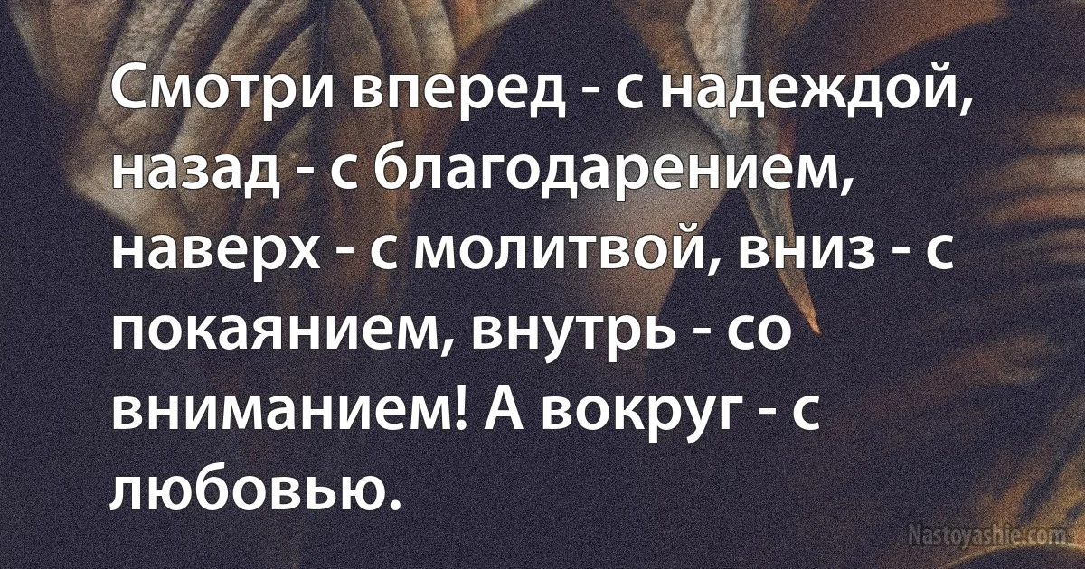 Смотри вперед - с надеждой, назад - с благодарением, наверх - с молитвой, вниз - с покаянием, внутрь - со вниманием! А вокруг - с любовью. (INZ RU)