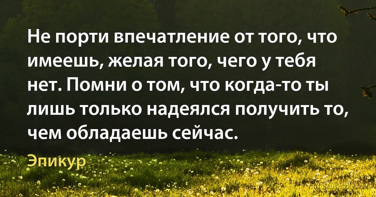 Не порти впечатление от того, что имеешь, желая того, чего у тебя нет. Помни о том, что когда-то ты лишь только надеялся получить то, чем обладаешь сейчас. (Эпикур)