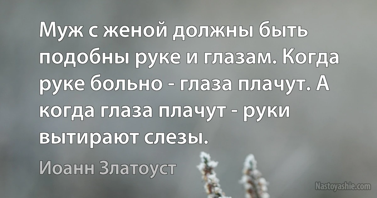 Муж с женой должны быть подобны руке и глазам. Когда руке больно - глаза плачут. А когда глаза плачут - руки вытирают слезы. (Иоанн Златоуст)