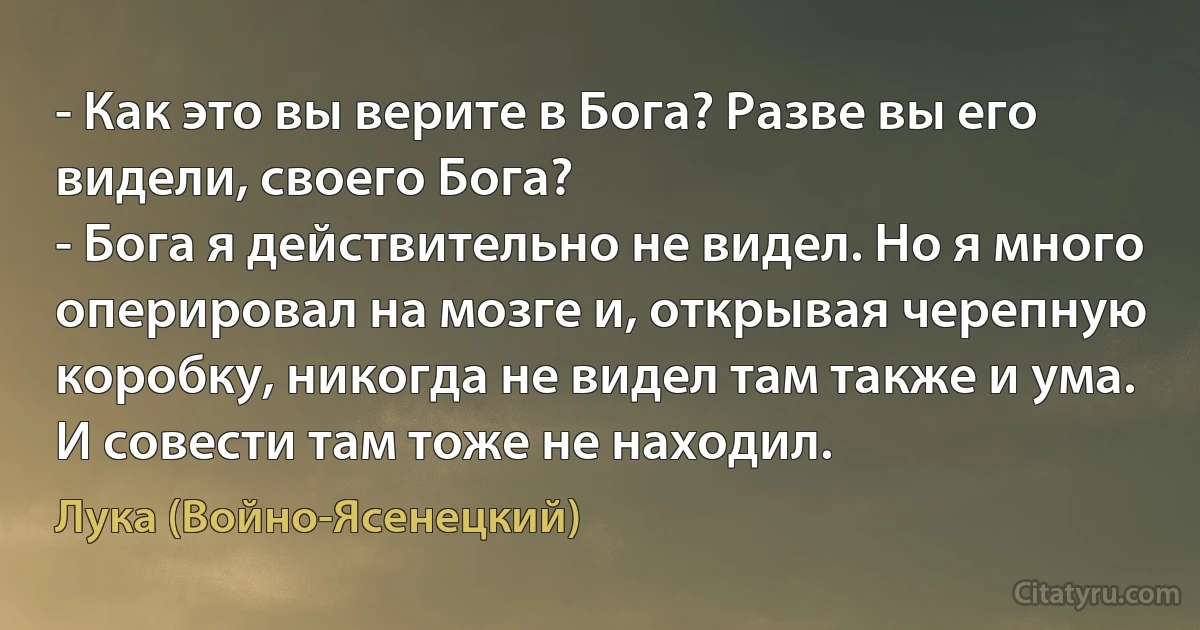 - Как это вы верите в Бога? Разве вы его видели, своего Бога?
- Бога я действительно не видел. Но я много оперировал на мозге и, открывая черепную коробку, никогда не видел там также и ума. И совести там тоже не находил. (Лука (Войно-Ясенецкий))