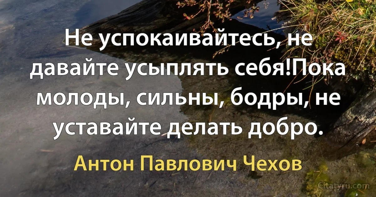 Не успокаивайтесь, не давайте усыплять себя! Пока молоды, сильны, бодры, не уставайте делать добро. (Антон Павлович Чехов)