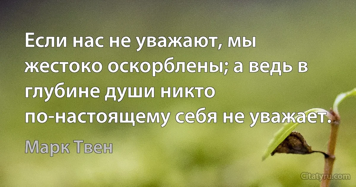 Если нас не уважают, мы жестоко оскорблены; а ведь в глубине души никто по-настоящему себя не уважает. (Марк Твен)