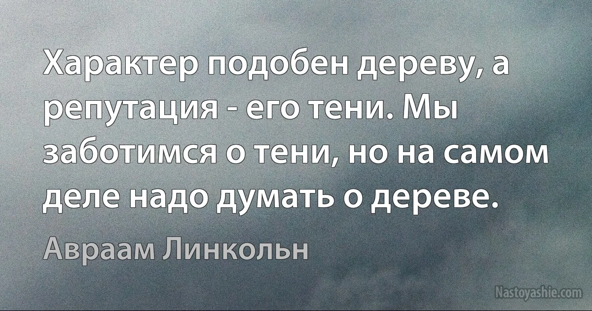 Характер подобен дереву, а репутация - его тени. Мы заботимся о тени, но на самом деле надо думать о дереве. (Авраам Линкольн)