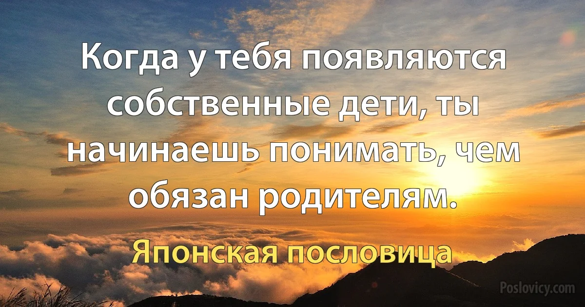 Когда у тебя появляются собственные дети, ты начинаешь понимать, чем обязан родителям. (Японская пословица)